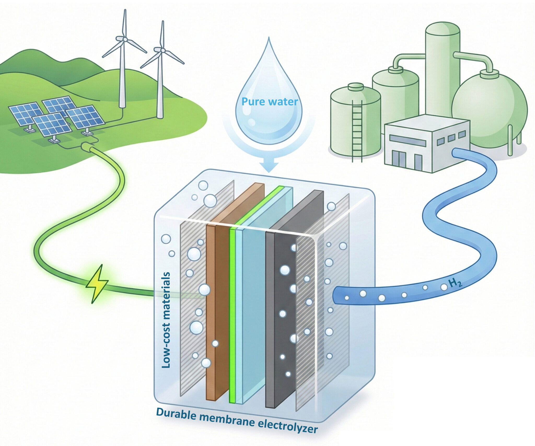 diagram showing wind and solar providing power to a sandwich-like electrolyzer, which turns pure water into hydrogen