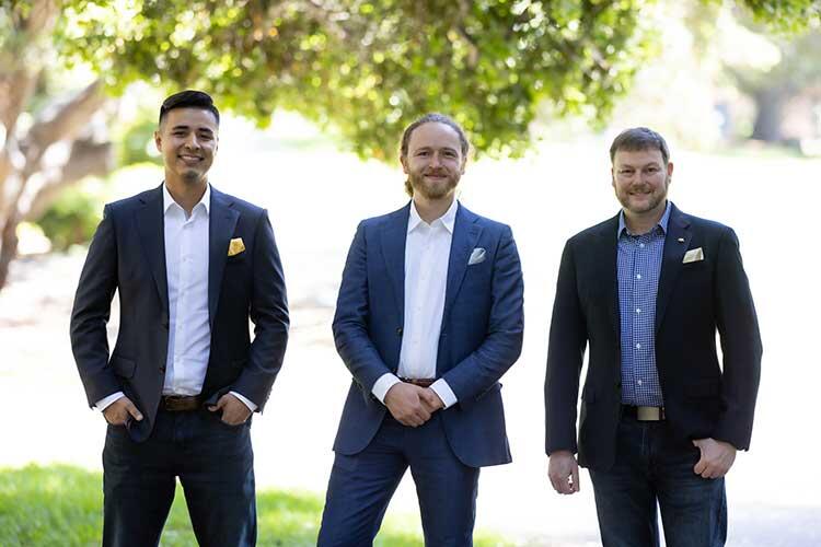 chemistry alumni Geo Guillen, left, and Marco Lobba, middle, launched Catena Biosciences with Berkeley chemistry professor Matthew Francis.