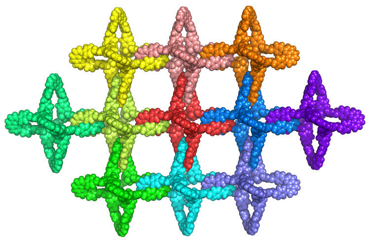 The individual building blocks of a catenane are polyhedral molecules — a type of adamantane — that link arms to form a 2D mesh or 3D network that is sturdy but flexible. 