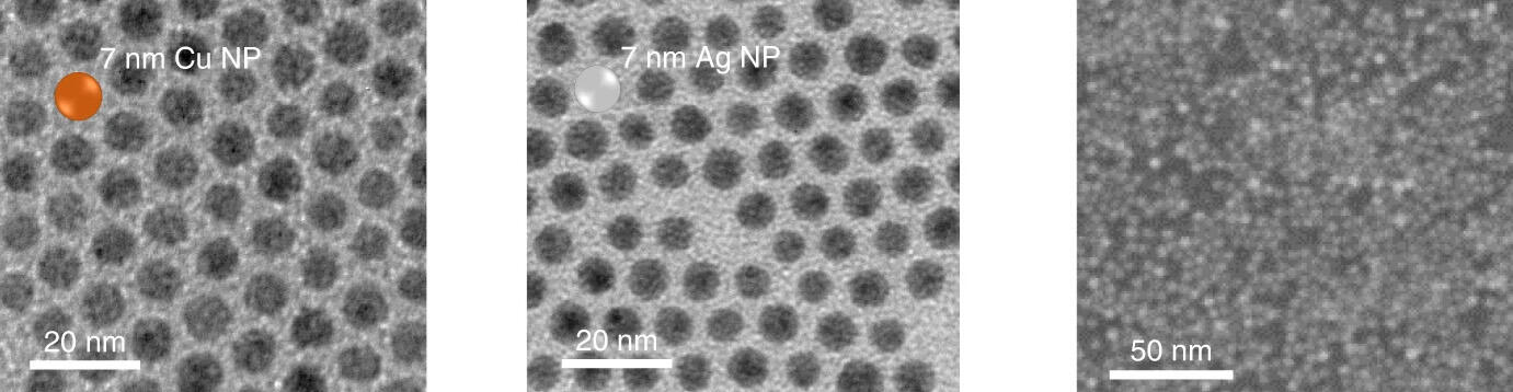 Electron microscopy images of 7-nanometer-diameter copper nanoparticles 
