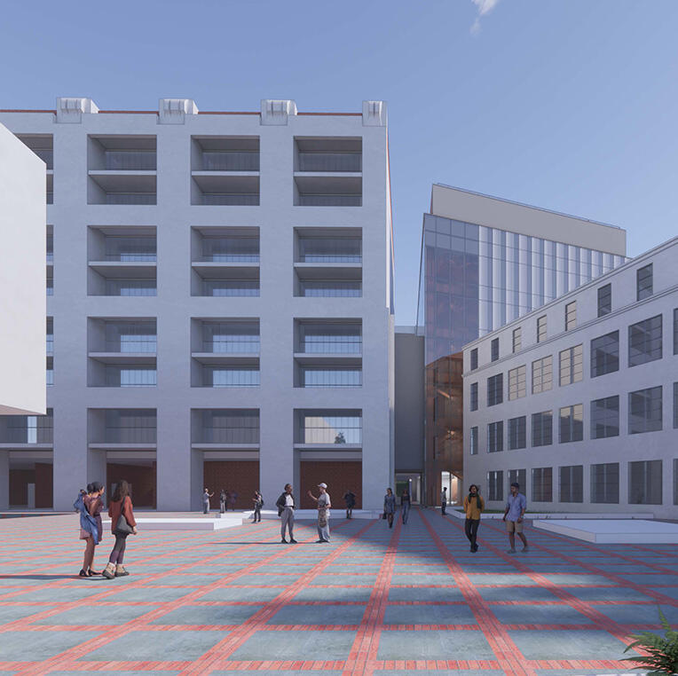 Rendering of Heathcock Hall with students on the plaza.