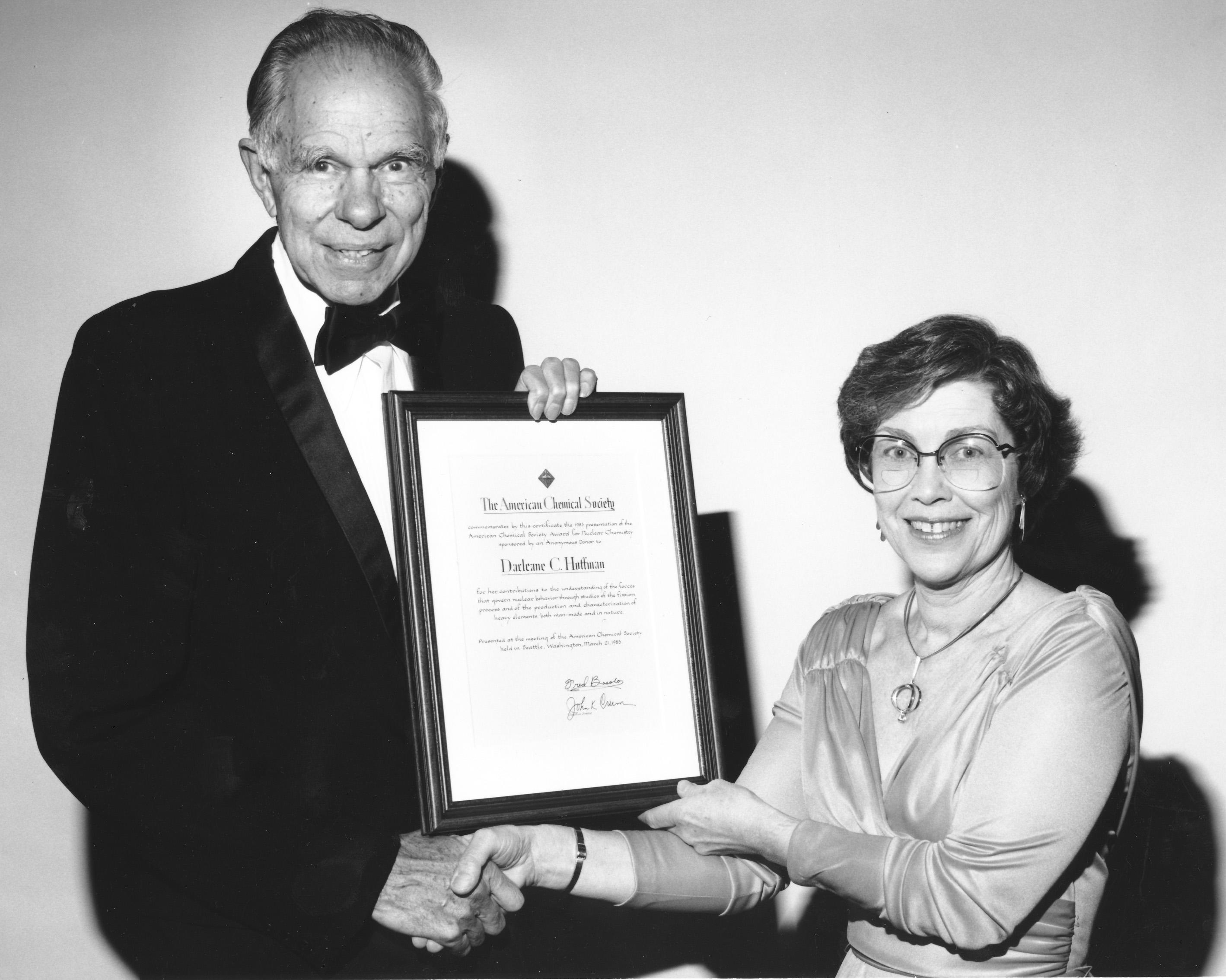 American Chemical Society Award for Nuclear Chemistry Presented by Dr. Glenn T. Seaborg to Dr. Darleane C. Hoffman