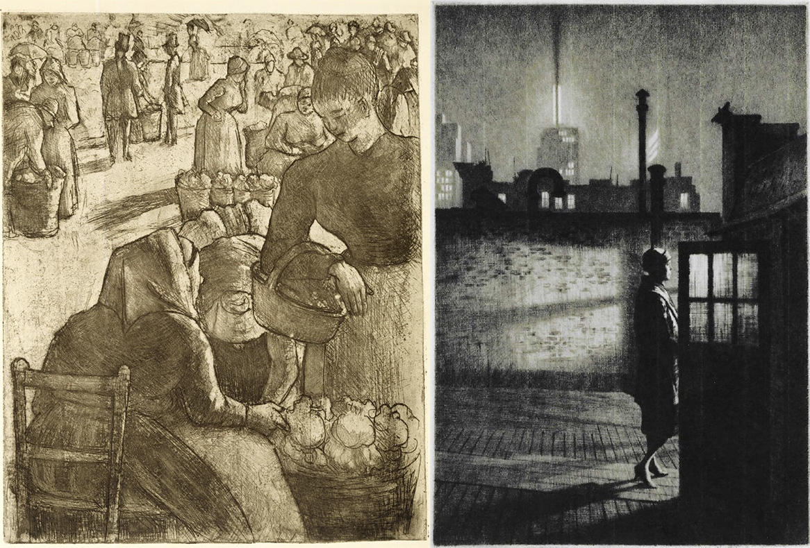 "Marche aux Legumes a Pointose" by Camille Pissarro, and "Little Penthouse" by Martin Lewis