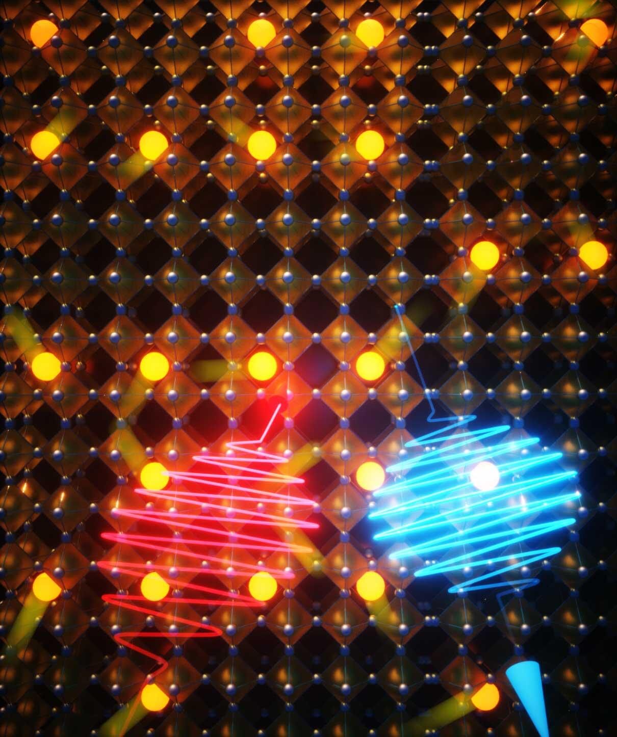 Artistic impression of lithium ions whizzing around at an solid-state electrolyte surface being probed by extreme ultraviolet second harmonic generation spectroscopy w