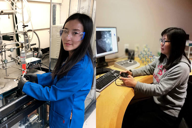 Haiyan Mao, left, studied the new material using solid state nuclear magnetic resonance at UC Berkeley. Jing Tang did AC-HAADF-STEM atomic resolution imaging of the new materials in Berkeley Lab’s Molecular Foundry. (Photo courtesy of Haiyan Mao and Jing 