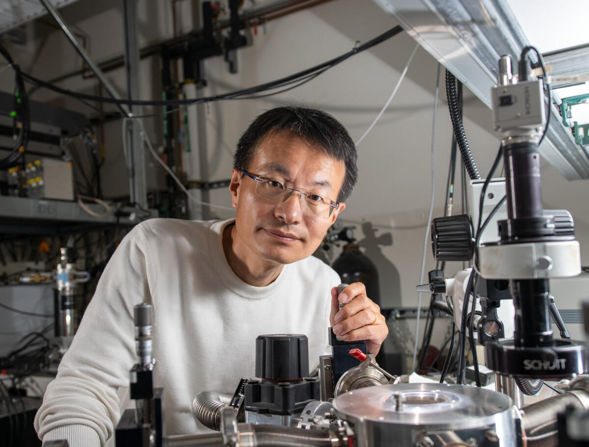 Peidong Yang at a probe station in his lab at Hildebrand Hall on the UC Berkeley campus.