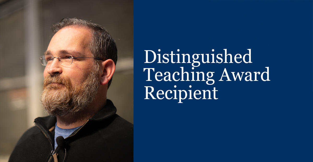 Peter Marsden profile alongside text reading "Distinguished Teaching Award Recipient"