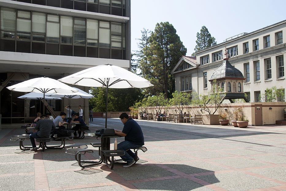 Students enjoying the CoC Plaza tables