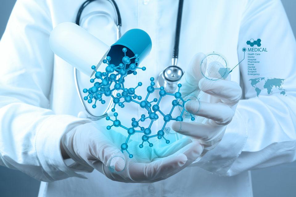 graphic of doctor holding molecule