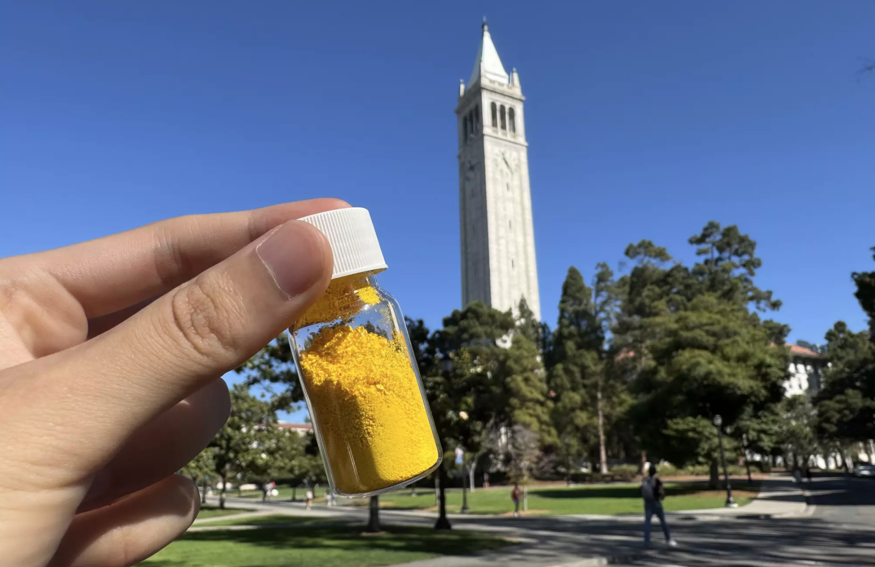 Hand holding a bottle with yellow powder