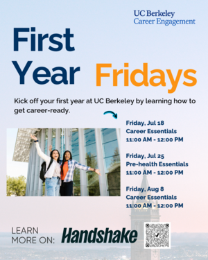 Two students standing in front of a build with arms extended. First Year Friday program details and QR Code to register