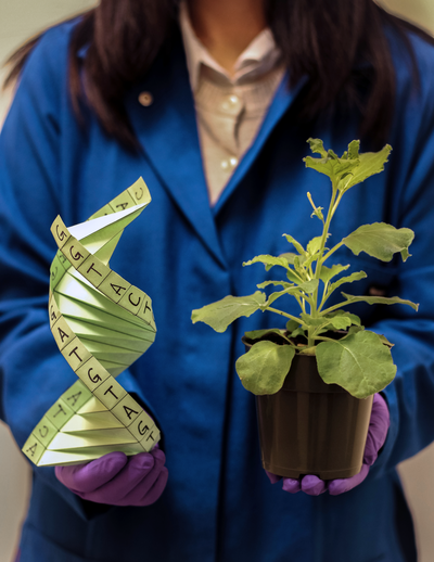 Scientist holds DNA and plant