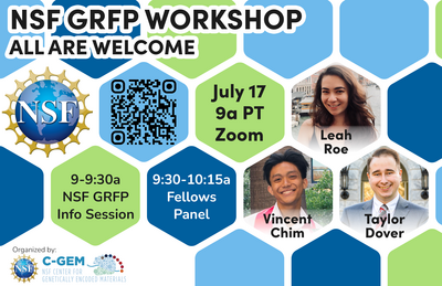 NSF GRFP Workshop Graphic featuring panelists Leah Roe, Vincent Chim, and Taylor Dover