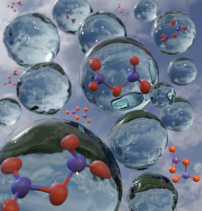 Artistic rendering of N2O5 molecules colliding with water droplets in the atmosphere. 